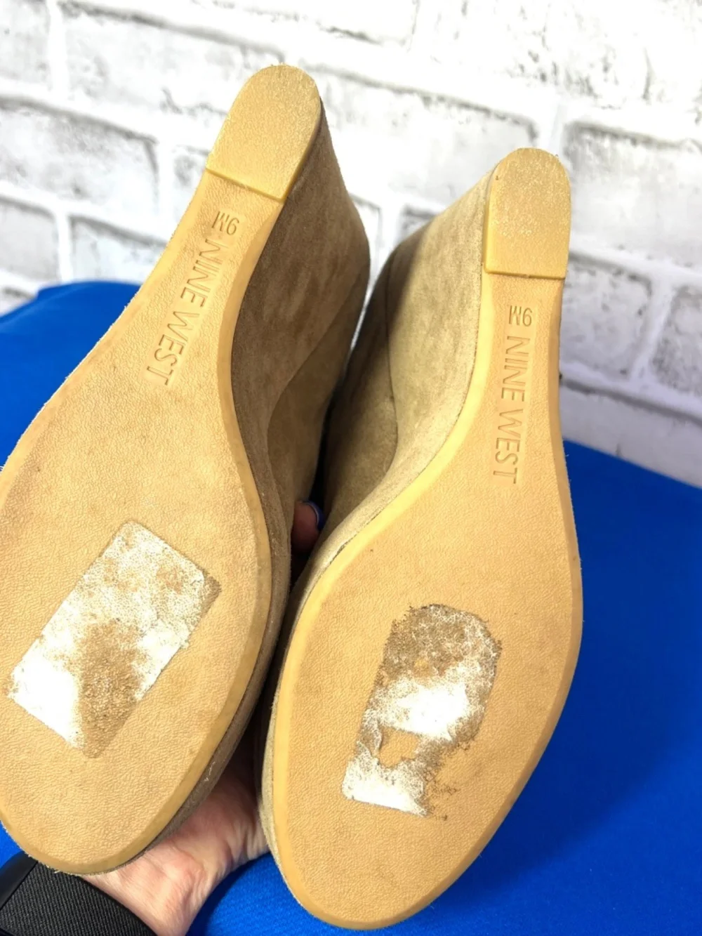 NINE WEST • Tan Suede Platform Wedge Ankle Boots Buckle Size 9M